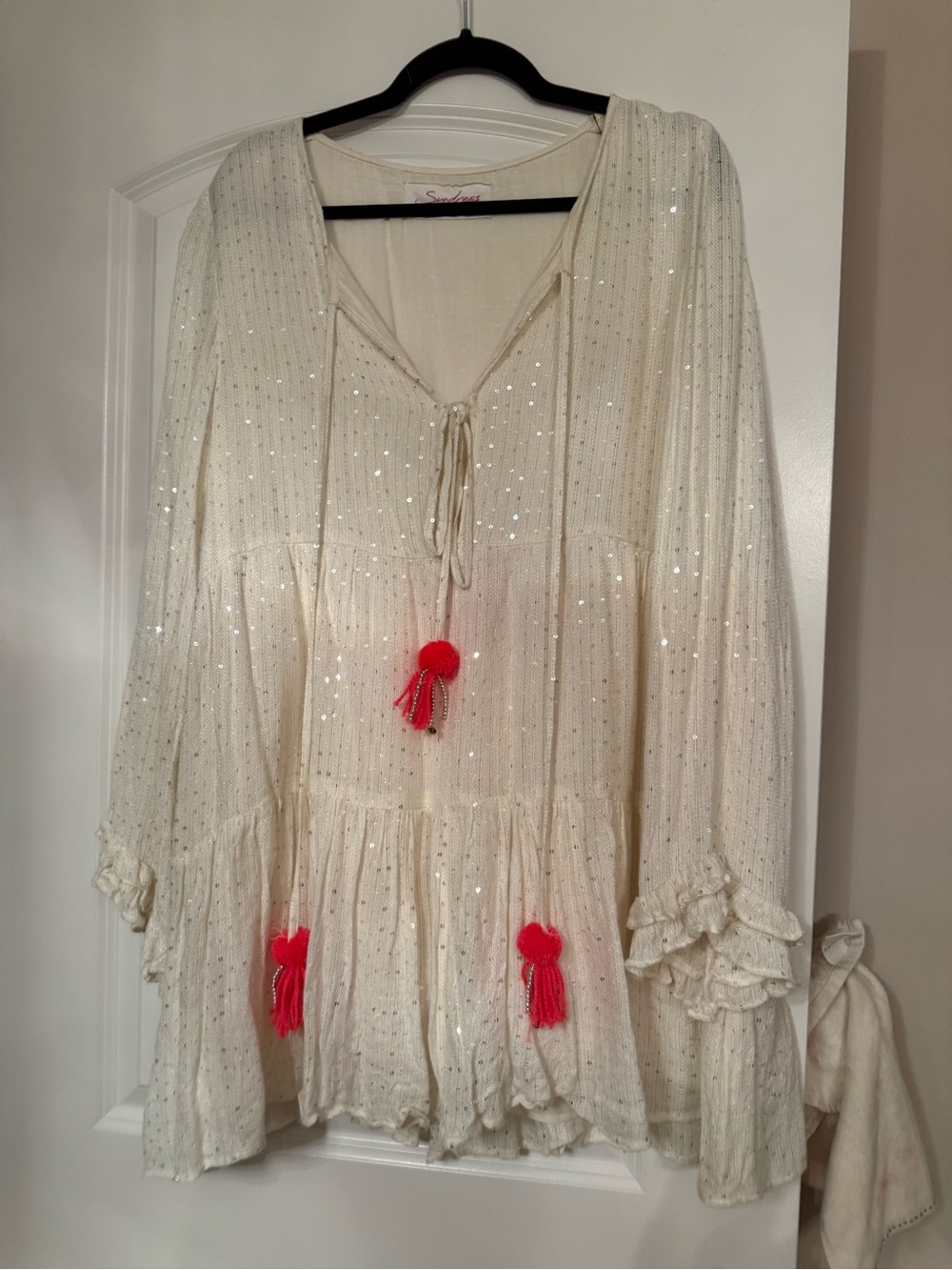 Sundress Cream Mini Dress with Sequin Detail and pom poms